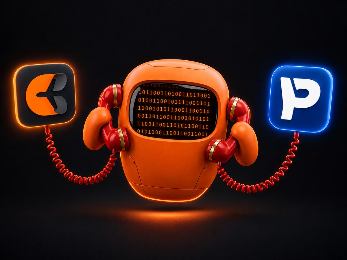 Ten on two red hotline handsets syncing CloudTen and BayControl, binary data streaming across his screen