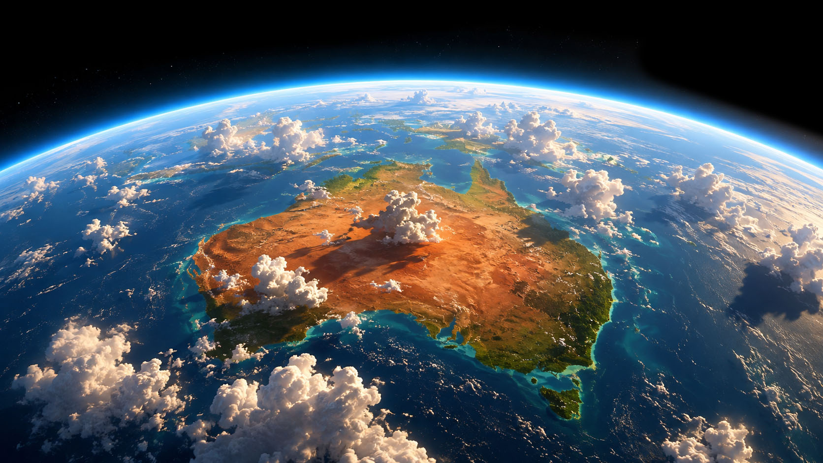 Australia seen from orbit, the curved horizon and glowing blue atmosphere, where CloudTen airports operate