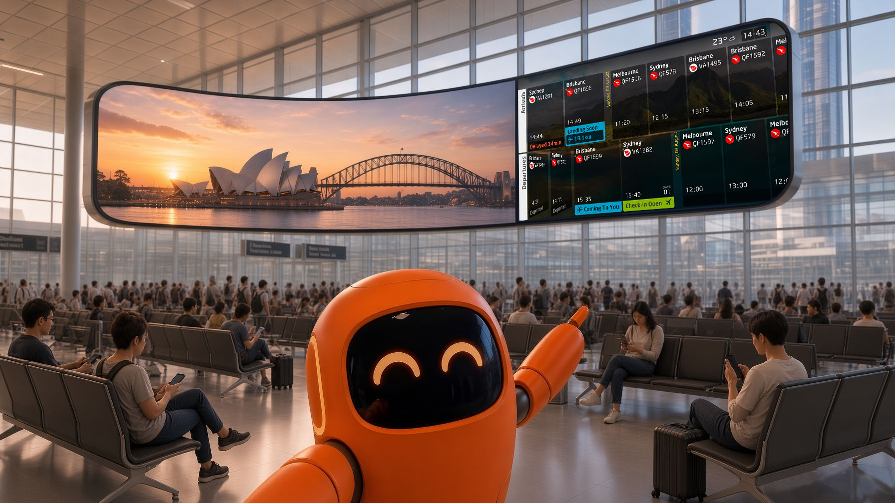 Ten pointing to a CloudTen FIDS display in a busy airport terminal